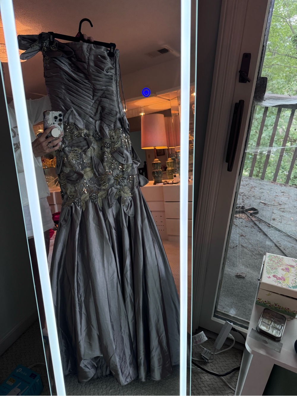 Elegant One Shoulder Silver Evening Gown with Embellished Waist